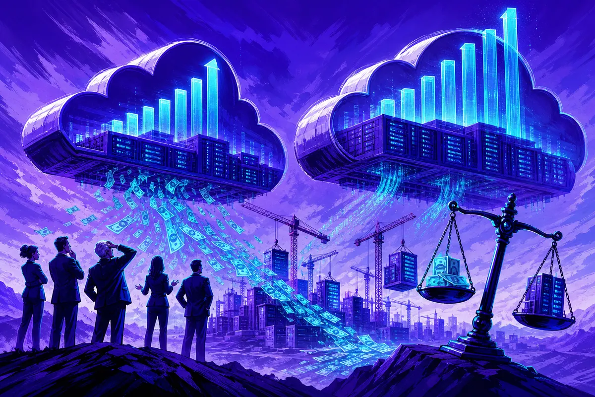 Illustration de deux forteresses de centres de données dans les nuages, alimentées par des flux d’argent et des grues