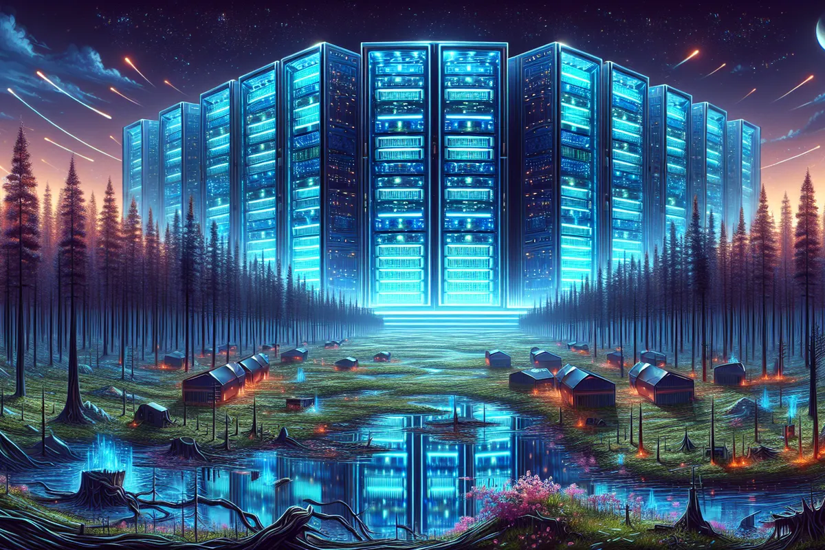 Un centre de données relié à des lignes électriques et à des infrastructures gazières dans un paysage industriel américain.