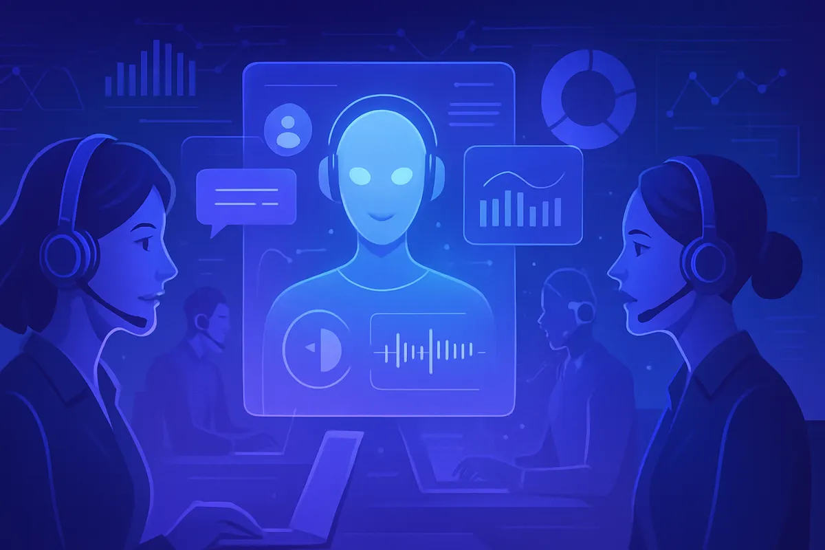 Une conseillère de centre de relation client assistée par une interface d’intelligence artificielle pour orienter les demandes.