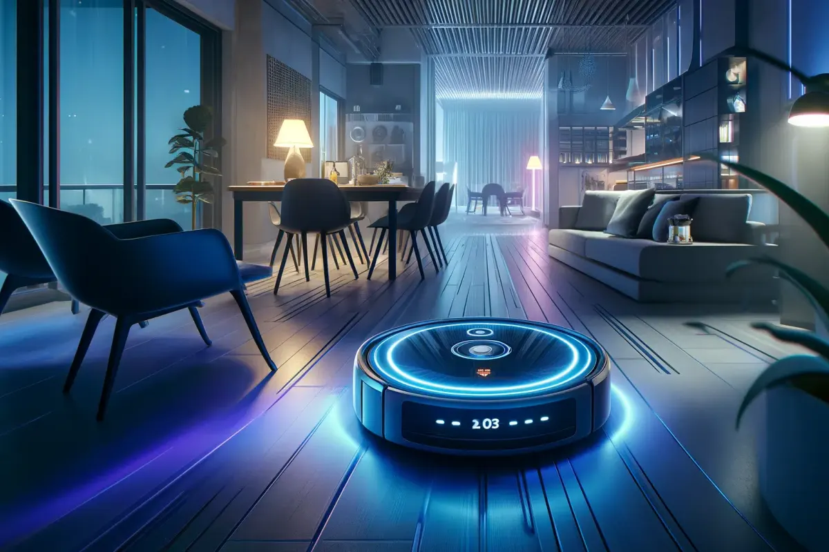 Un robot aspirateur-laveur contourne un animal et des objets dans un salon avant de rejoindre sa station.