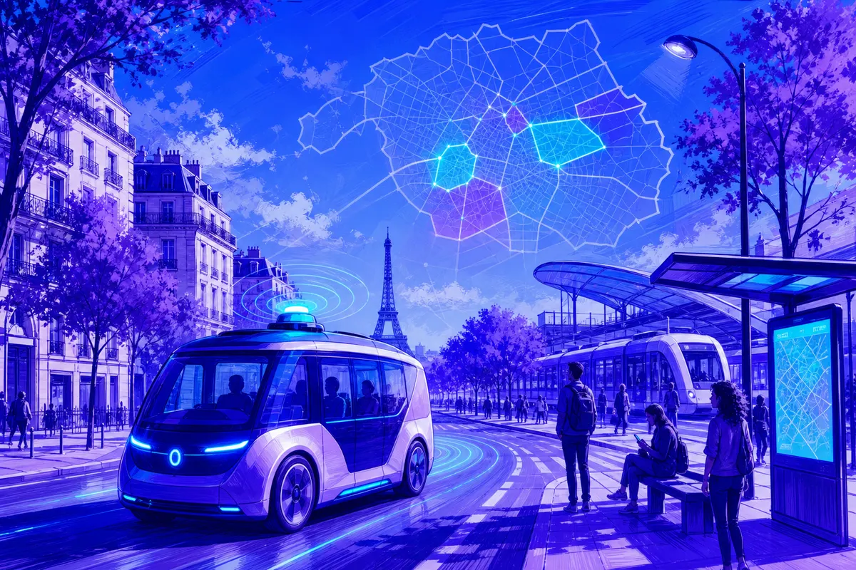 Illustration d’un monospace sans conducteur sur un boulevard de banlieue parisienne, tour Eiffel à l’horizon
