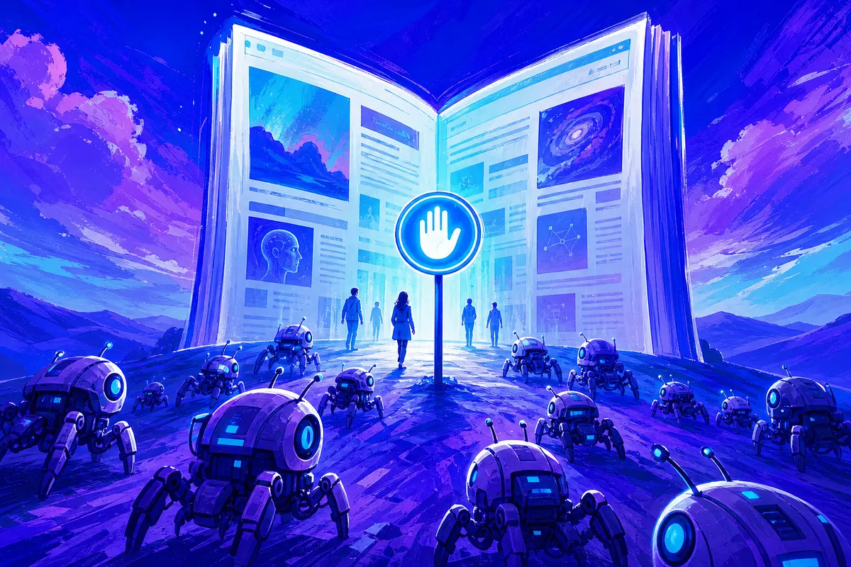 Illustration de petits robots d’exploration arrêtés par un panneau lumineux devant un site web en forme de livre ouvert
