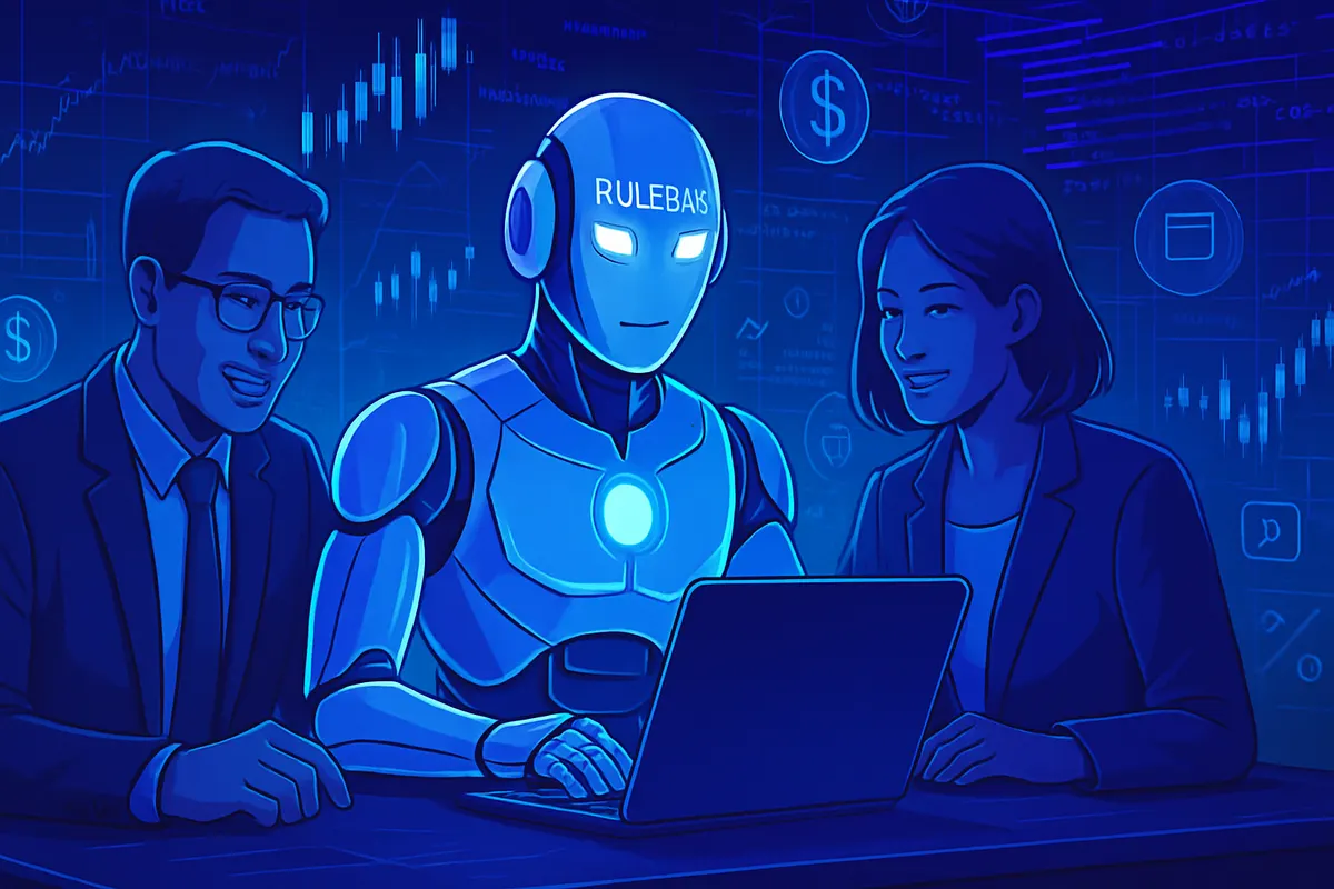 Des analystes financiers supervisent une IA qui trie des dossiers de conformité et de support client.
