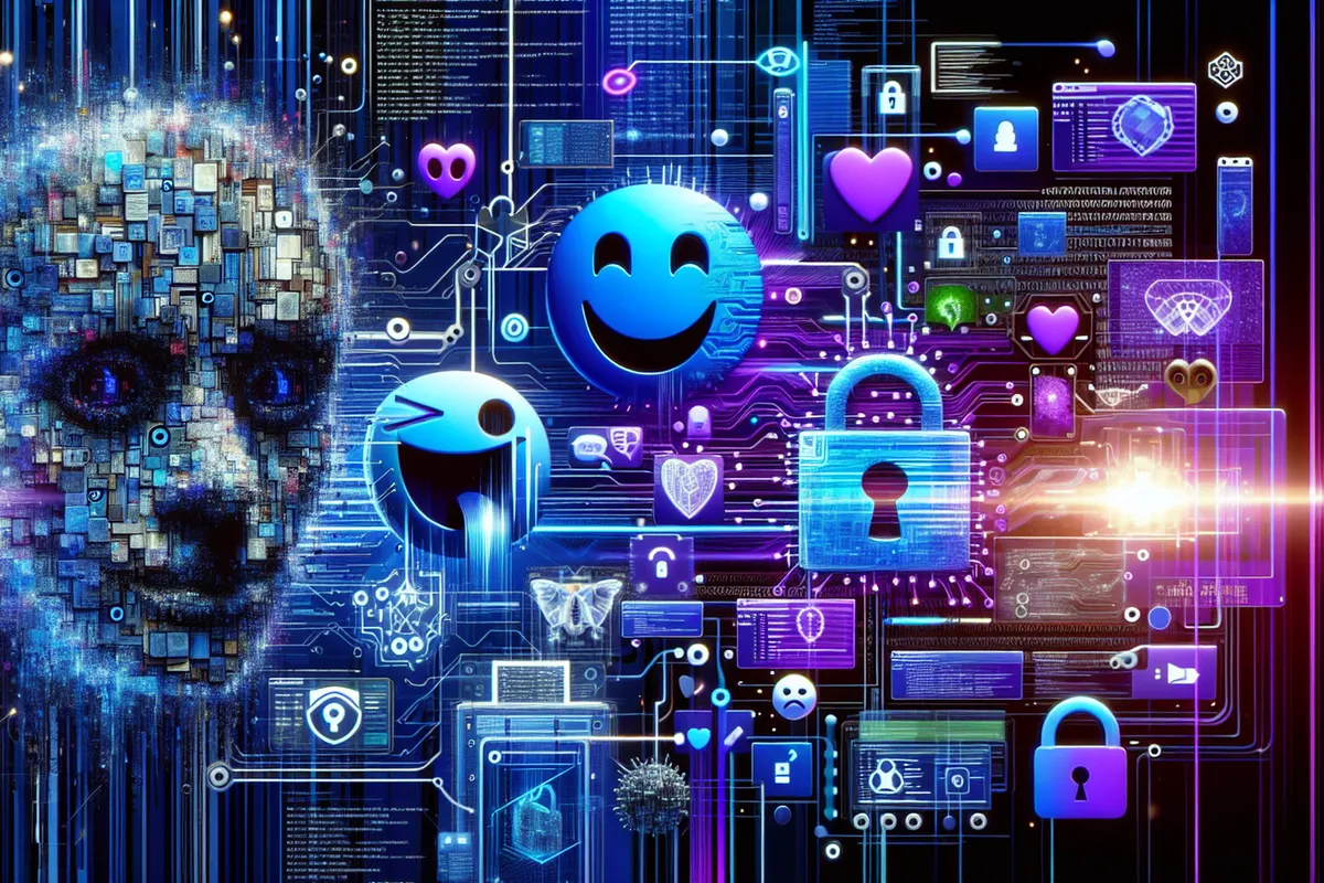 Un symbole souriant dans du texte numérique examiné par un analyste en cybersécurité