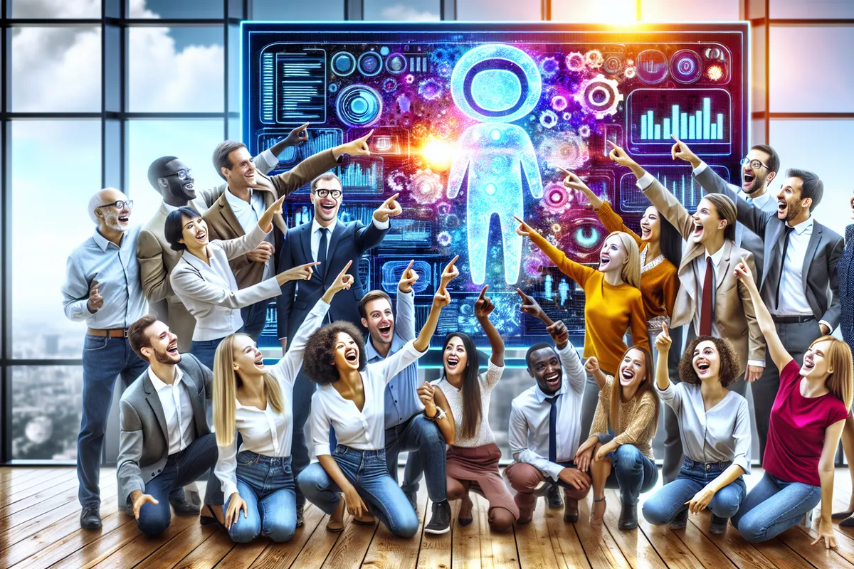 Employés dans un bureau utilisant des assistants IA pour organiser rapports, messages et demandes clients.