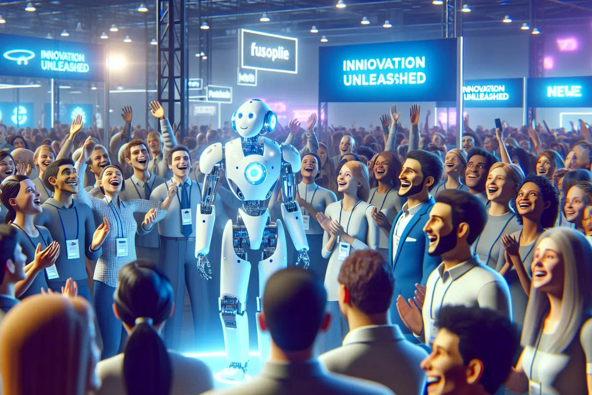 Un robot humanoïde dans un laboratoire industriel, observé près d’un poste de logistique automatisé.