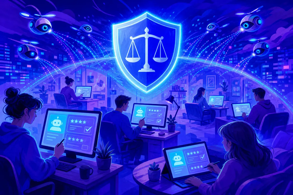Illustration de travailleurs à distance annotant des données d’IA, surveillés par des traceurs, sous un bouclier de justice