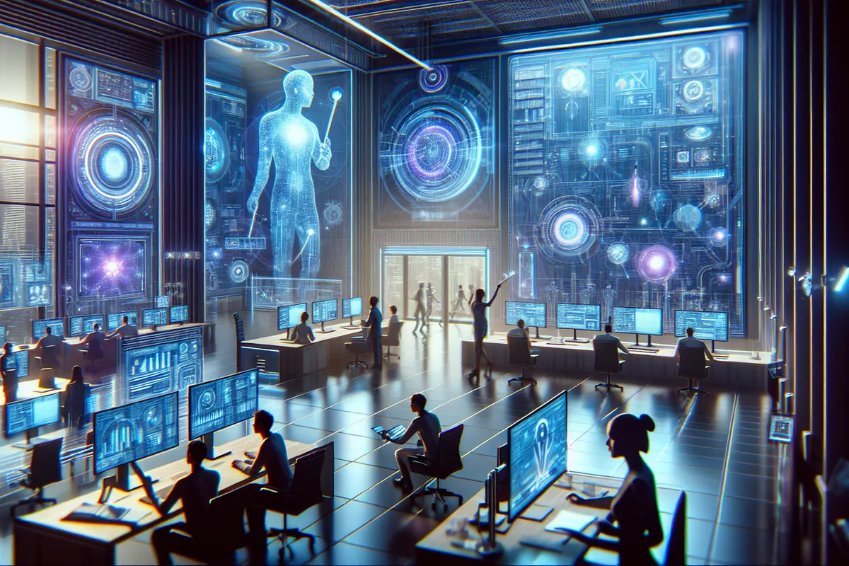 Des ingénieurs collaborent au bureau autour d’écrans affichant des schémas d’intelligence artificielle.