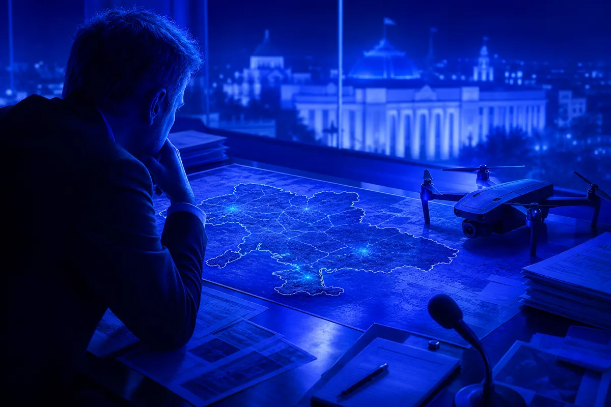 Carte de l’Ukraine et drone militaire sur un bureau, devant des institutions américaines floues.