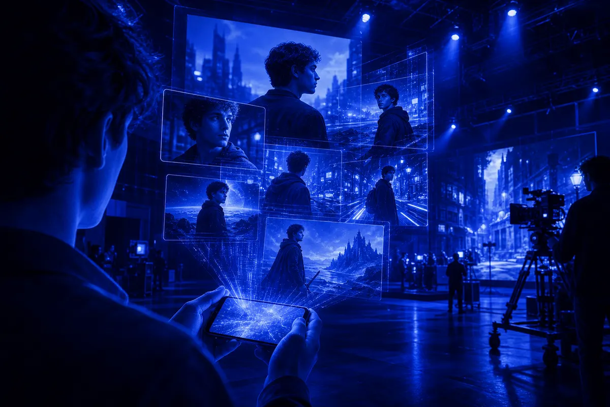 Un smartphone génère des scènes vidéo fictives où apparaît le même utilisateur, devant un décor de studio de cinéma.