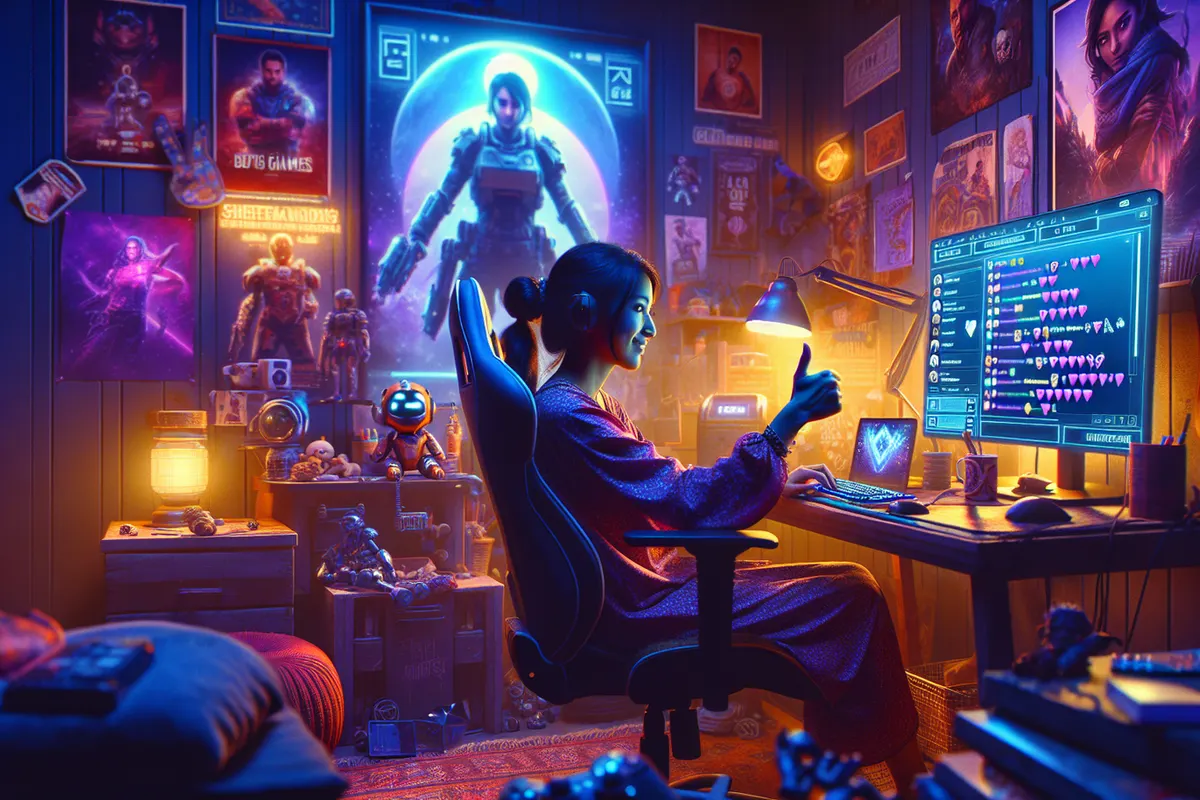 Poste de travail montrant une vidéo générée par IA inspirée des codes des jeux vidéo et du streaming.