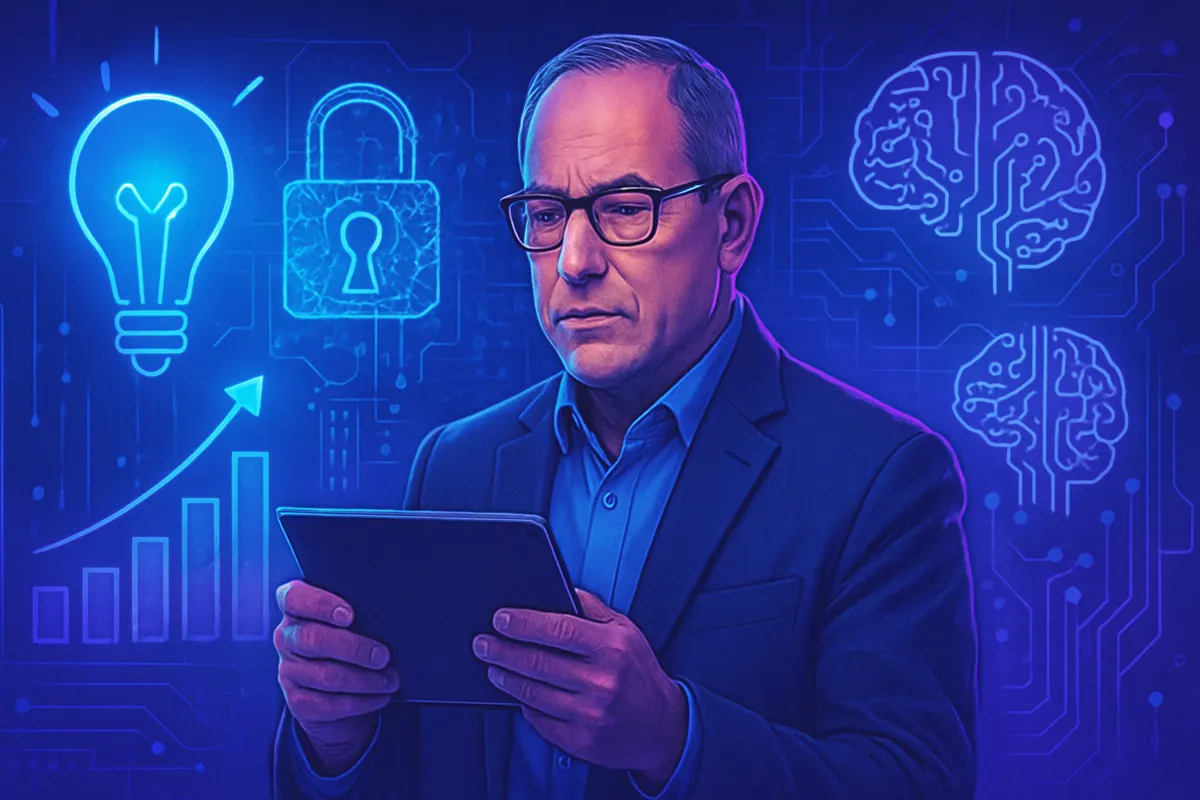 Un vétéran américain prépare un dossier de formation en cybersécurité et intelligence artificielle dans un centre universitaire.