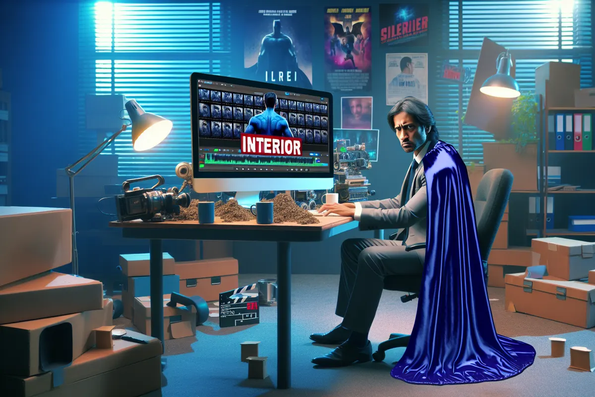 Journalistes vérifiant sur des écrans une fausse bande-annonce de super-héros générée par IA.