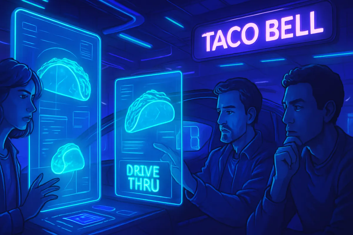 Une voiture au drive-in face à une borne de commande, supervisée par un employé en restaurant.