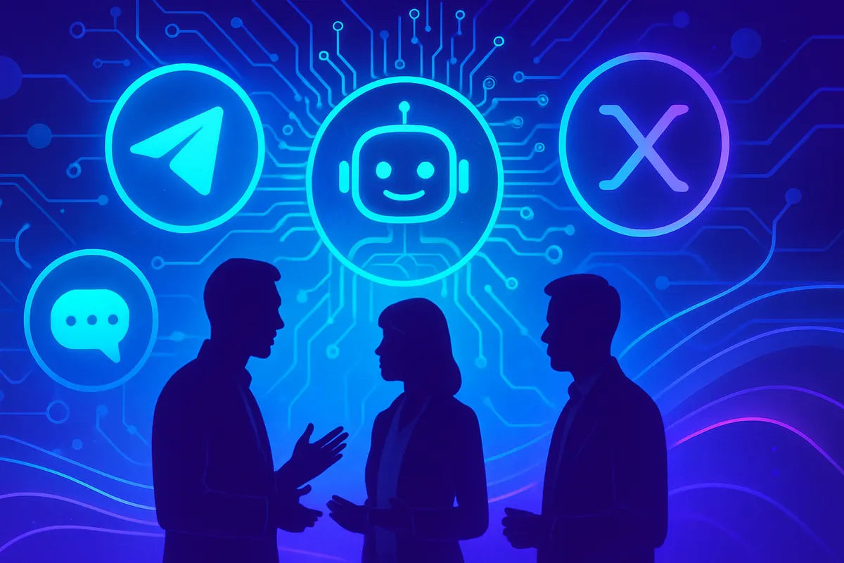 Un smartphone affiche une conversation assistée par IA, reliée à des serveurs de messagerie.