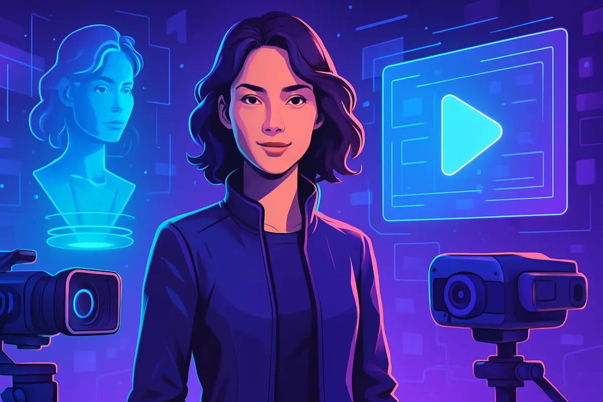 Équipe de cinéma observant sur un écran un personnage numérique créé avec l’intelligence artificielle.