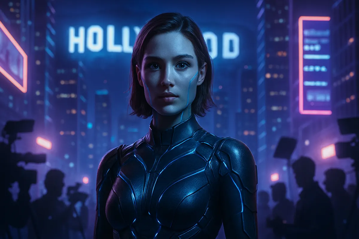 Personnage d’actrice numérique face à une caméra sur un plateau de cinéma entouré d’une équipe humaine