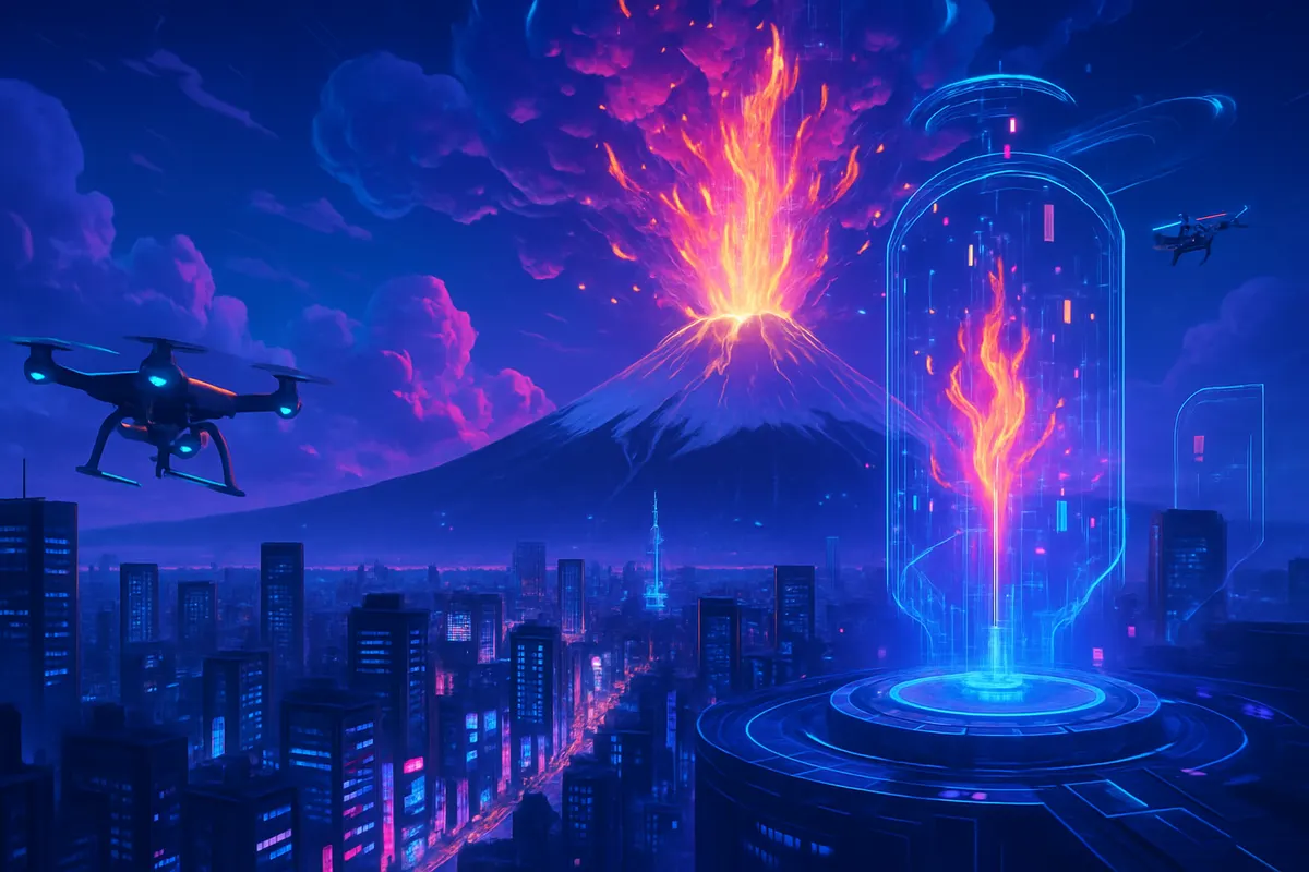 Simulation d’une pluie de cendres volcaniques perturbant les transports et la vie quotidienne à Tokyo.