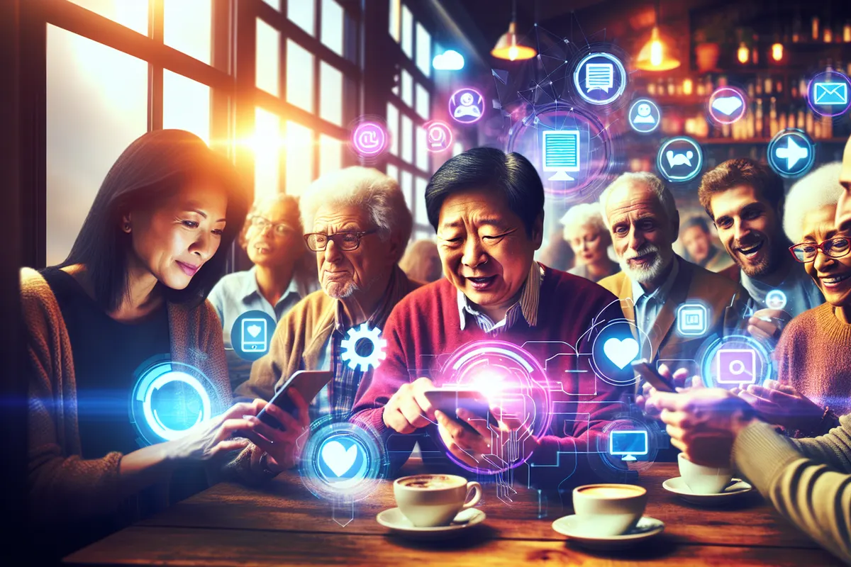 Une personne utilise un assistant conversationnel sur smartphone parmi des usagers d’applications mobiles.