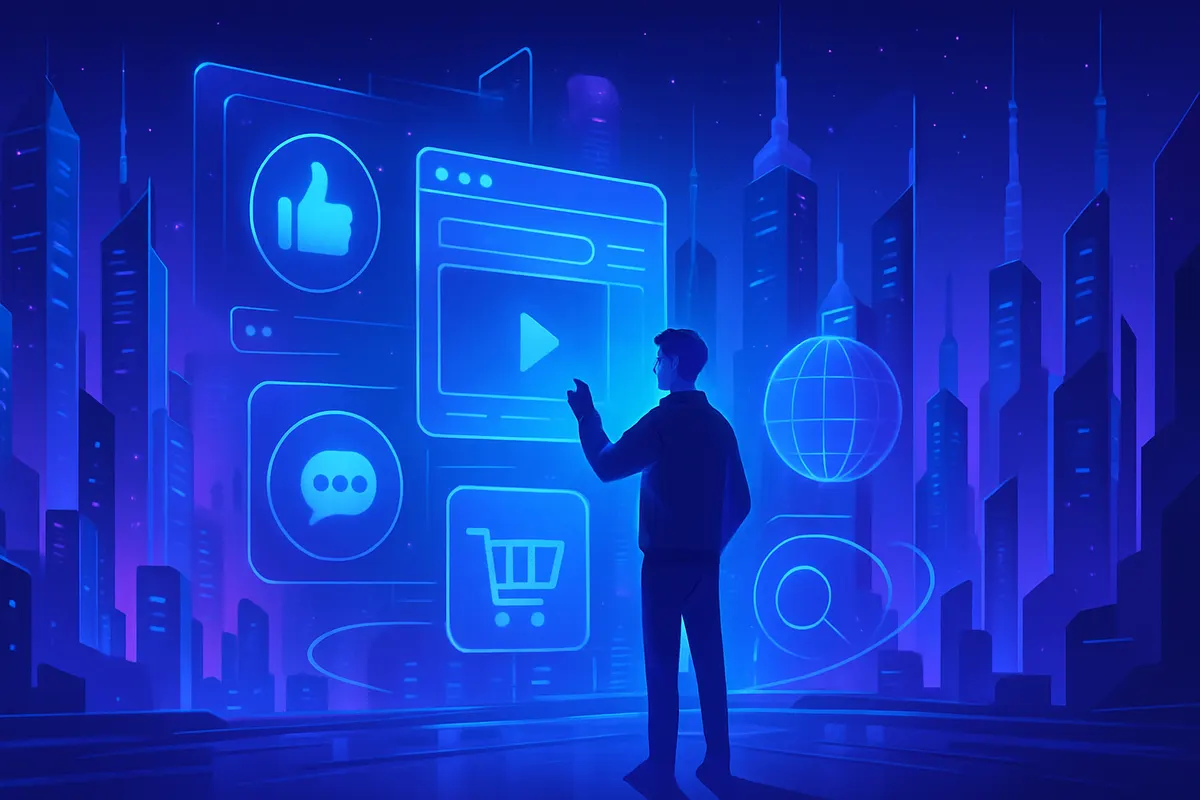 Tableau de bord illustrant le trafic web de Google, assistants IA, réseaux sociaux et commerce mobile en 2025