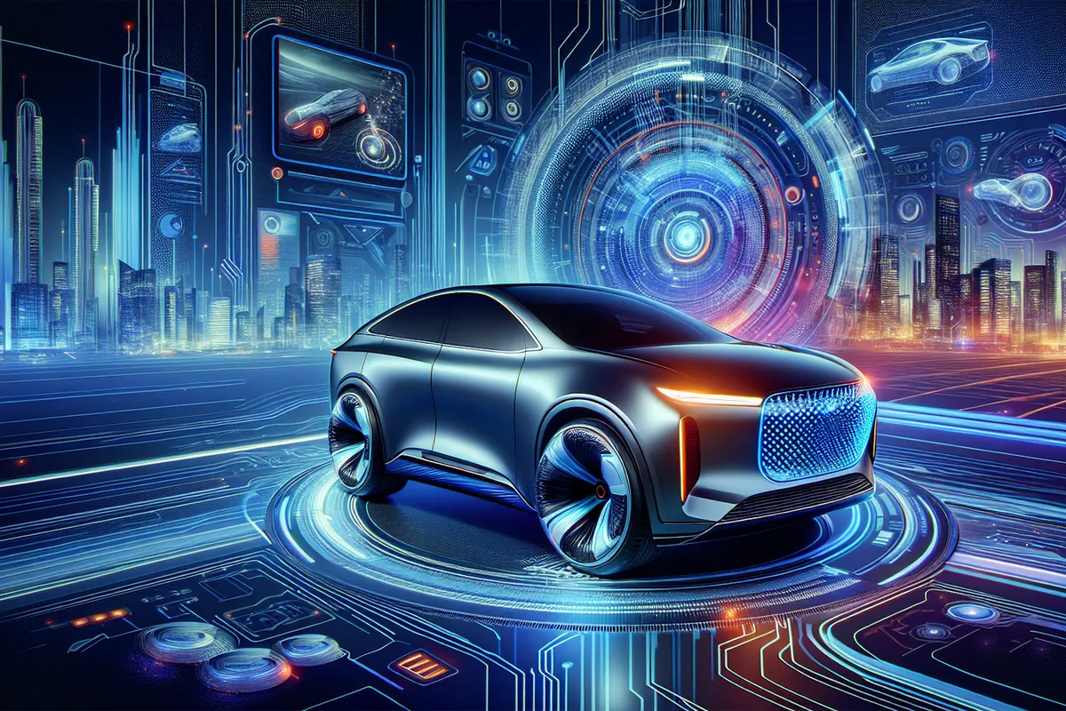 Une voiture autonome équipée de capteurs circule dans une rue urbaine parmi les autres véhicules.