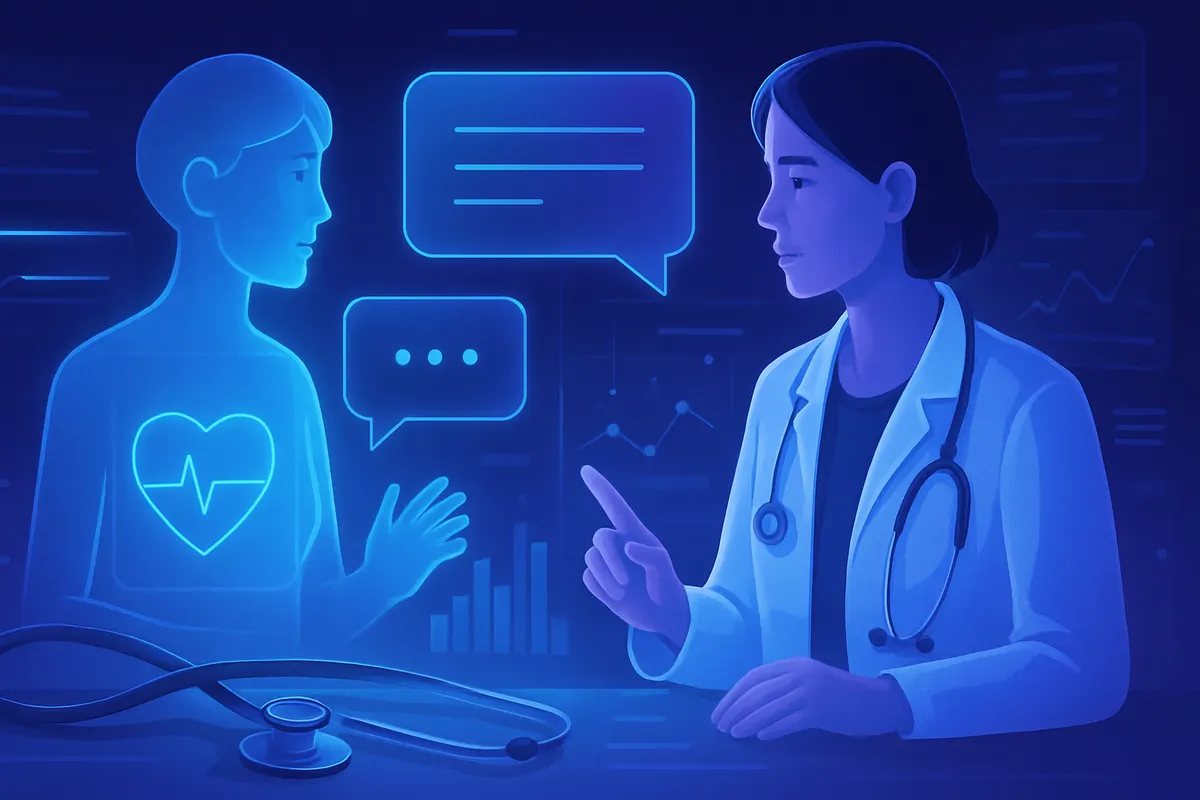 Un patient, un soignant et des spécialistes échangent autour d’un outil d’IA dédié au dialogue médical.