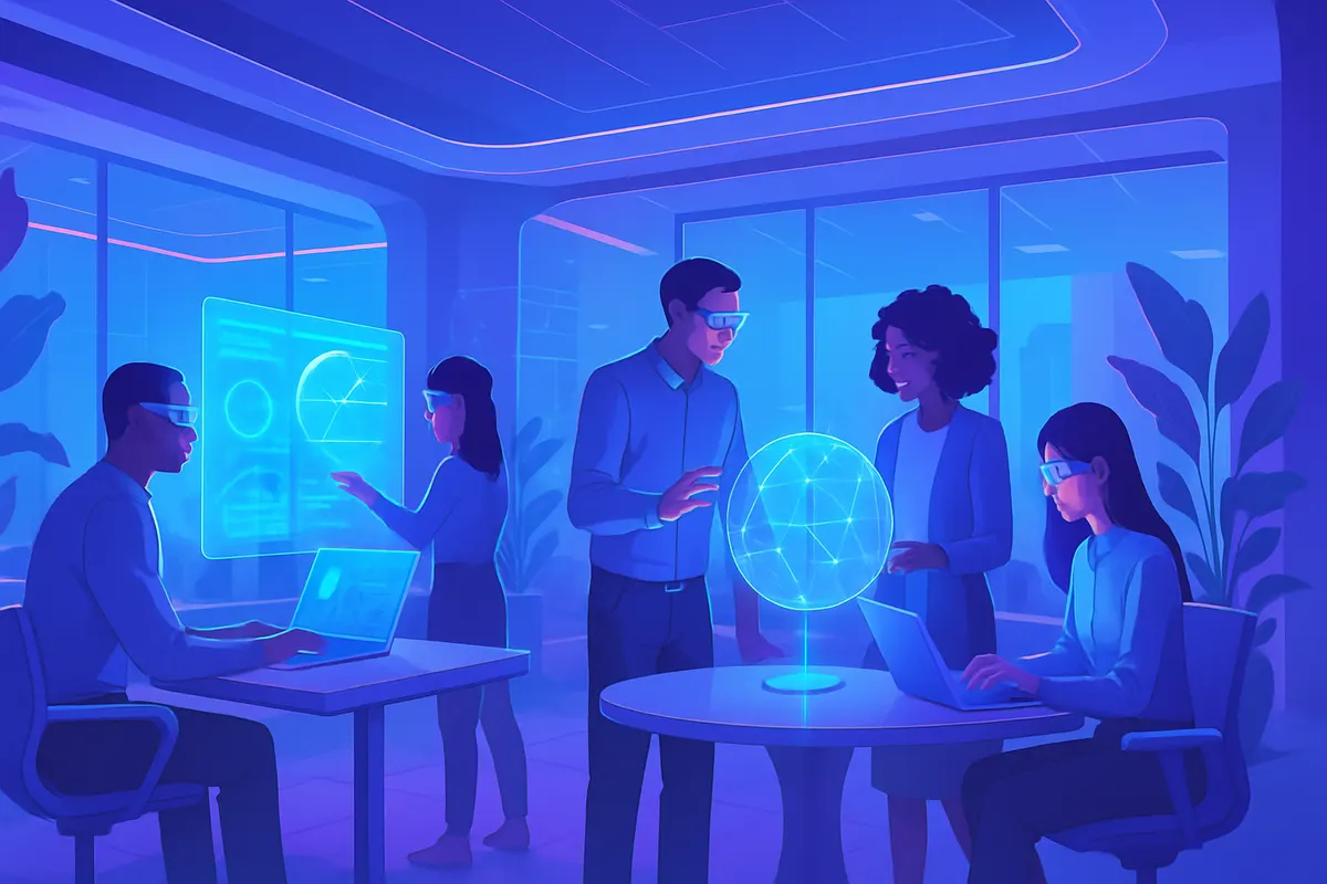 Équipe hybride réunie au bureau, avec collègues à distance et outils d’intelligence artificielle.