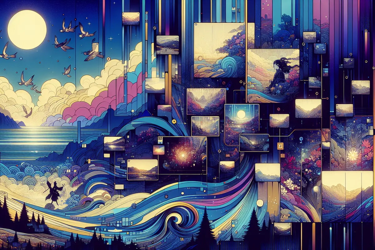 Créatrice devant une tablette où une illustration de paysage se transforme en courte séquence animée par IA.