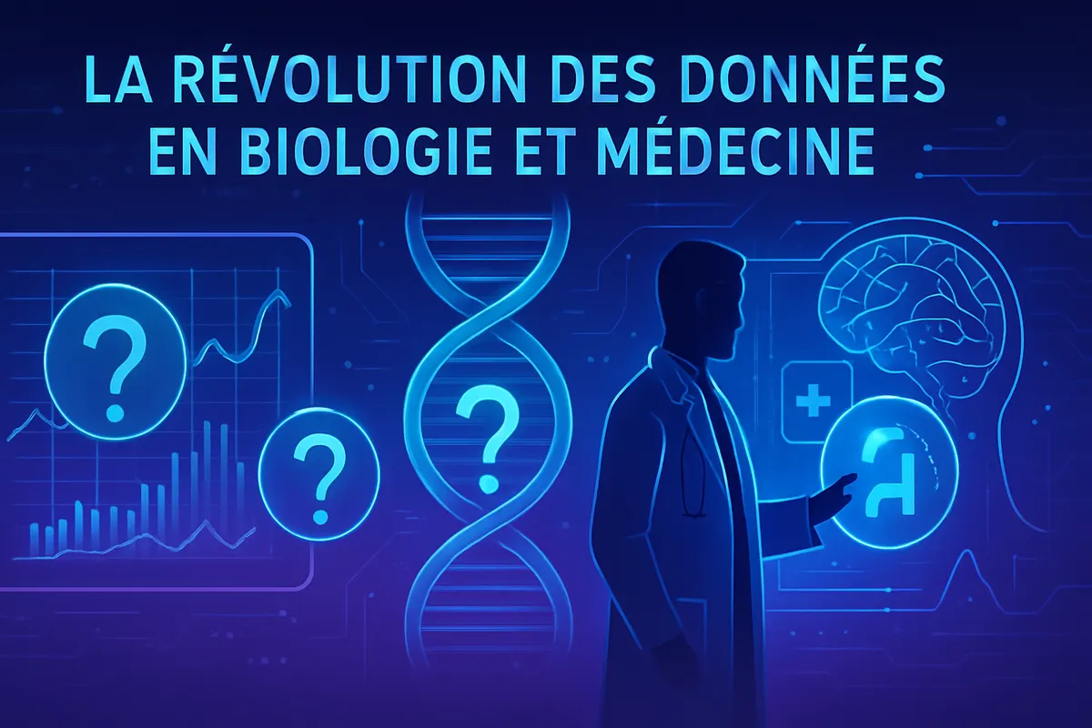 Chercheuse analysant des images cellulaires et des données génomiques avec un outil d’intelligence artificielle.