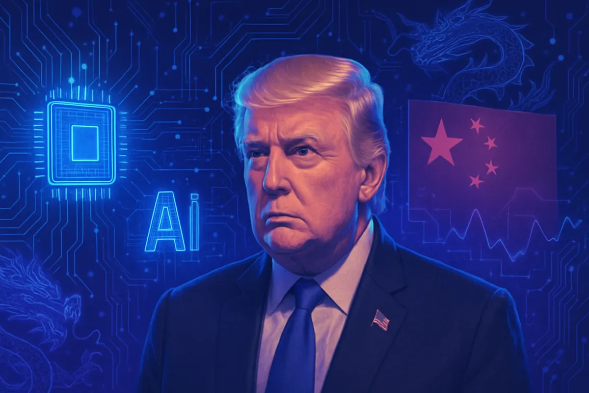 Serveurs de calcul pour l’IA reliés à une carte illustrant les tensions commerciales entre États-Unis et Chine