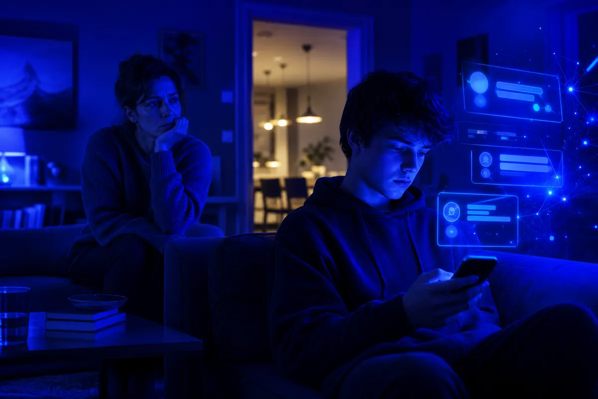 Un adolescent face à son téléphone tandis qu’un parent inquiet observe, symbole des risques d’attachement aux chatbots.