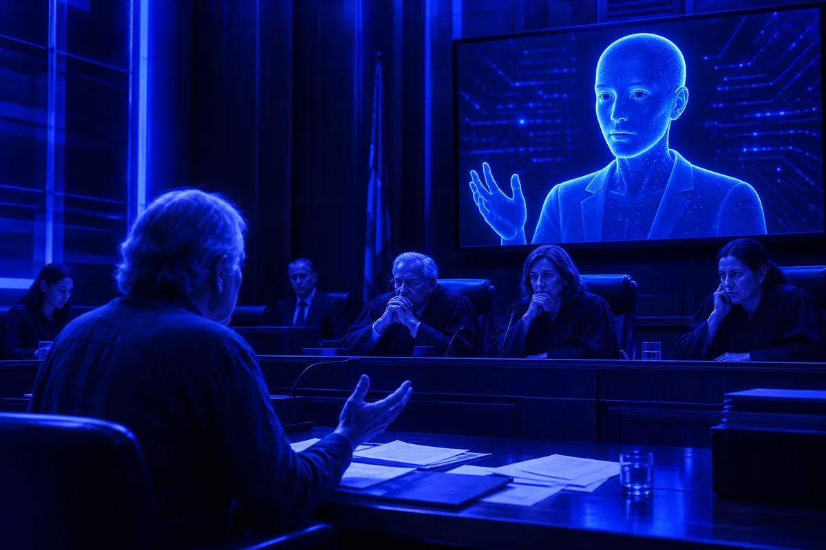 Un justiciable face à des juges tandis qu’un avatar numérique apparaît sur un écran dans un tribunal.