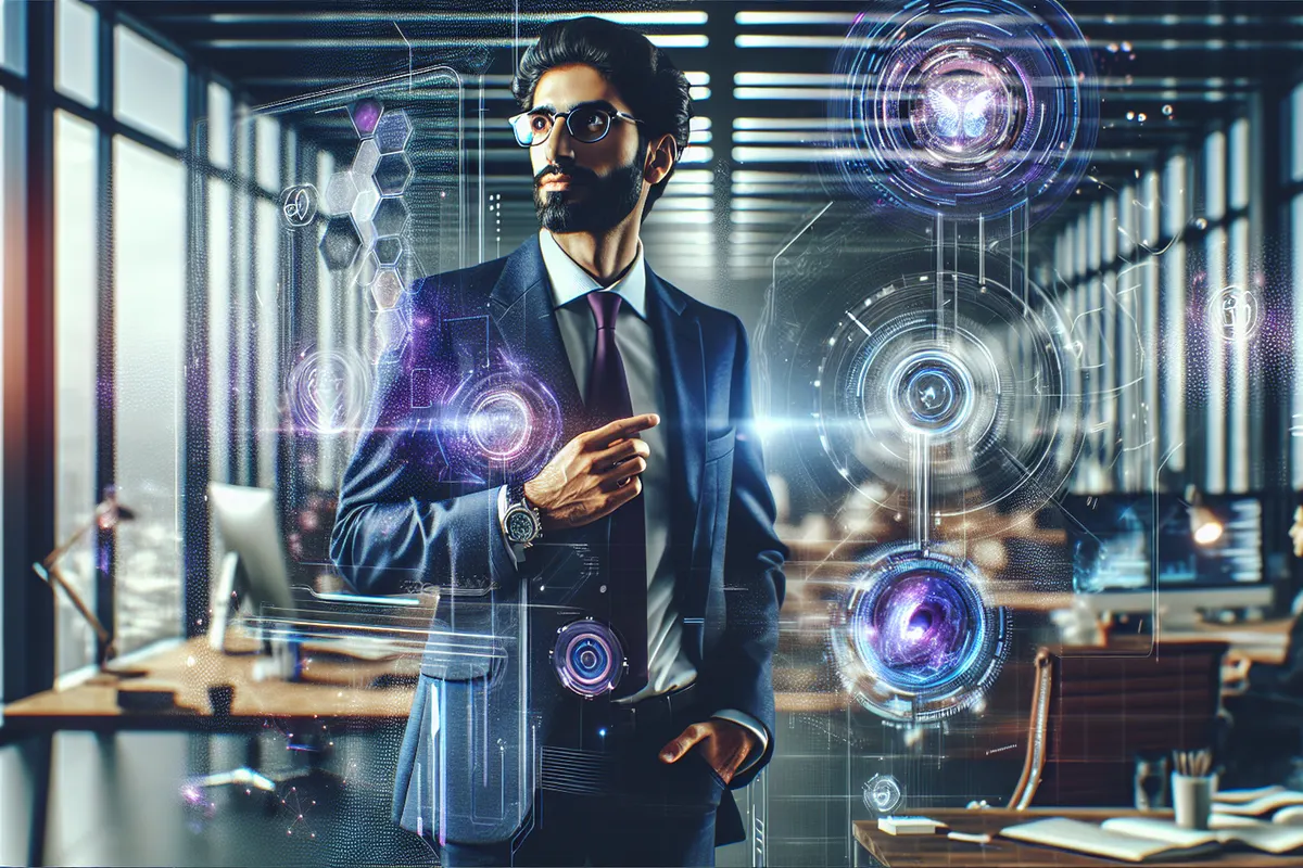 Entrepreneur et équipe analysant des modèles de langage et des données dans un espace de travail technologique.