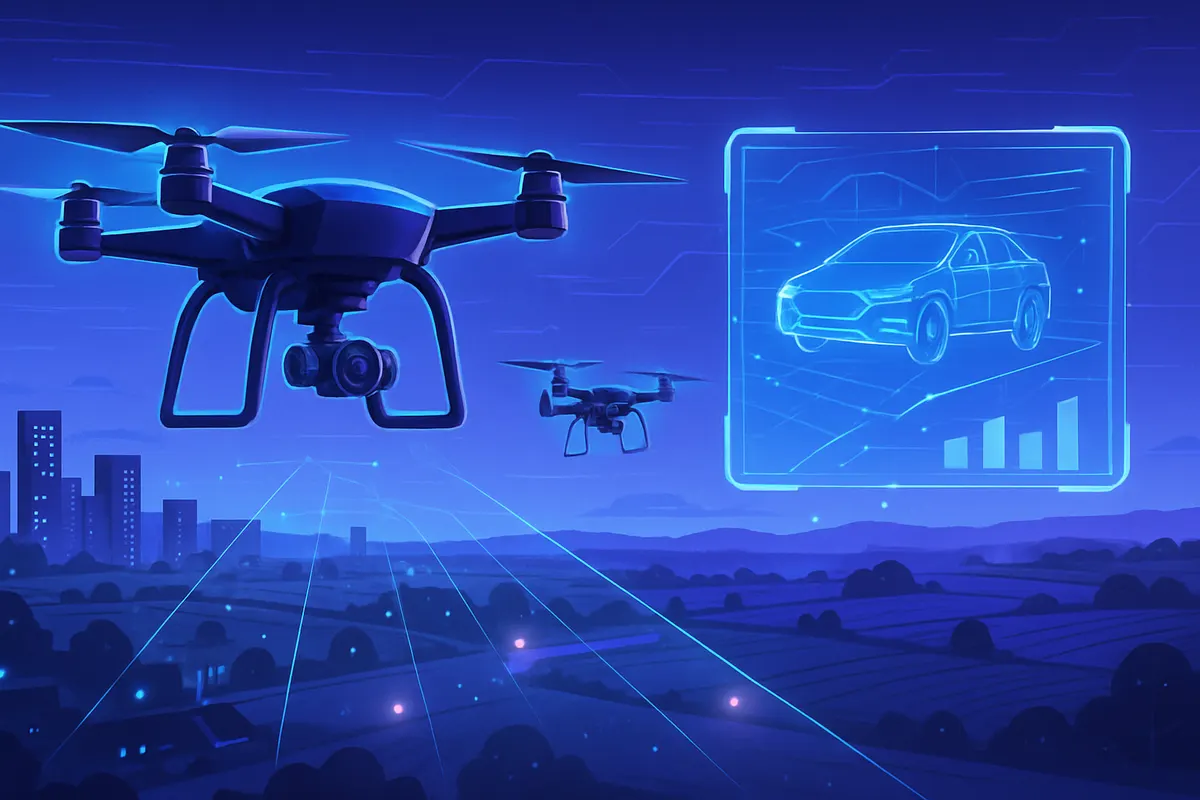 Un drone analyse une zone sinistrée pendant qu’une équipe de secours consulte des images aériennes.