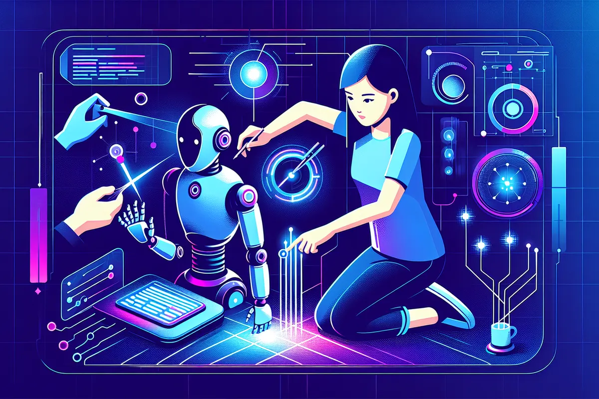 Une équipe analyse les erreurs d’un assistant IA sur des écrans, avec un petit robot de service à côté.