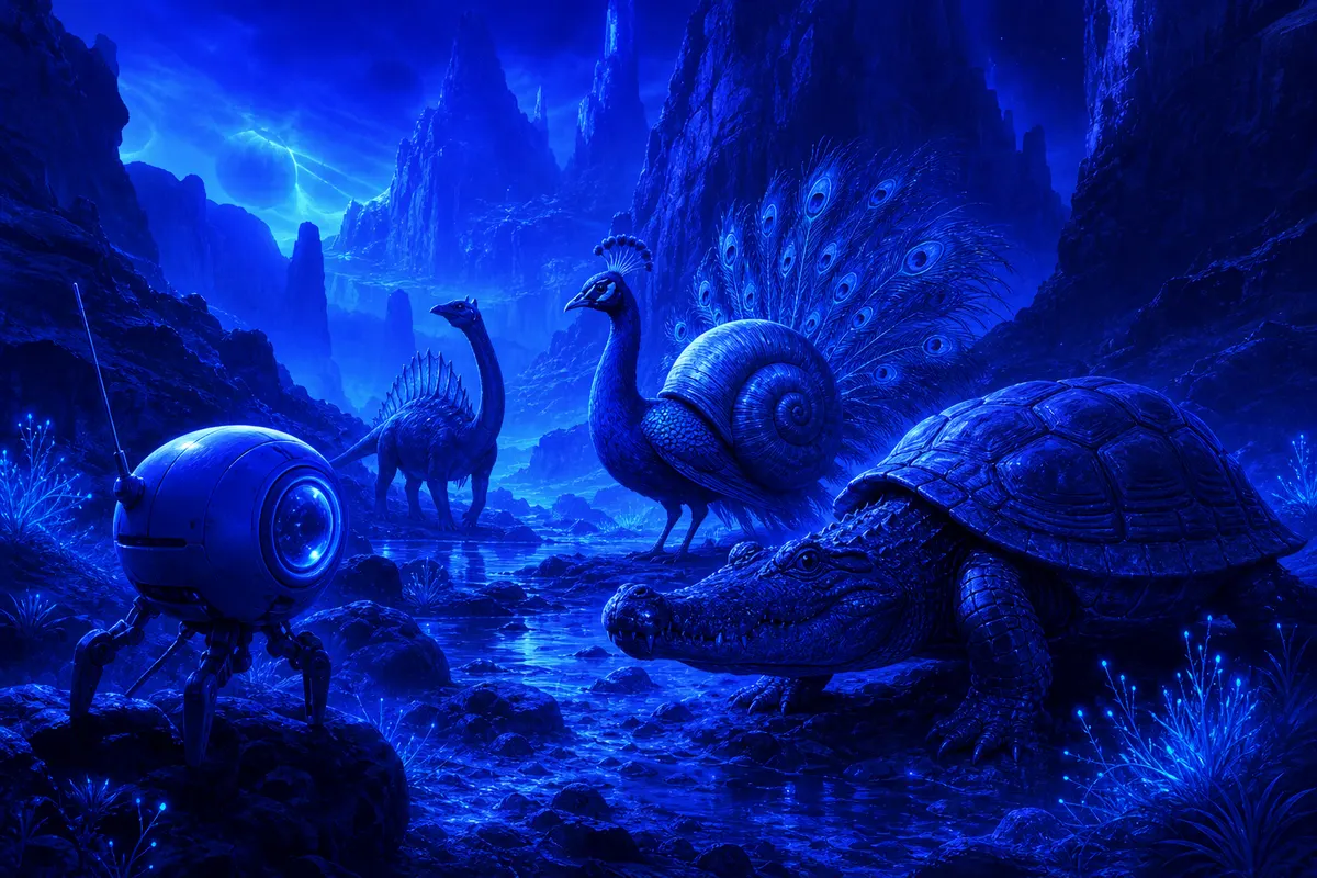 Un droïde sonde observe des animaux hybrides dans un paysage imaginaire inspiré de la science-fiction.