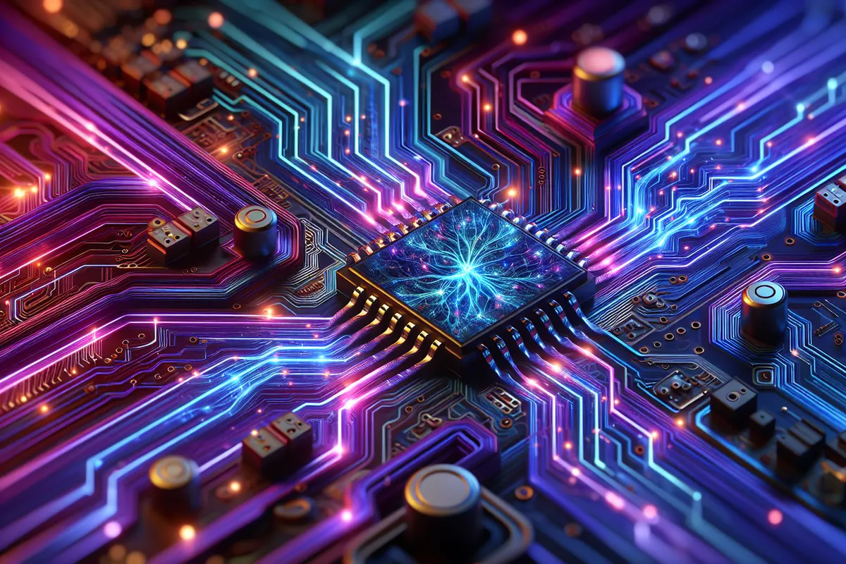 Vue conceptuelle d’une puce neuromorphique reliant un réseau de memristors à des neurones artificiels