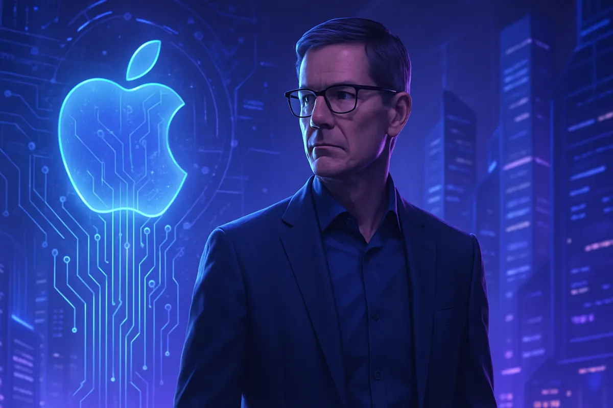 Un cadre quitte des bureaux technologiques tandis qu’une équipe travaille sur des outils d’intelligence artificielle.