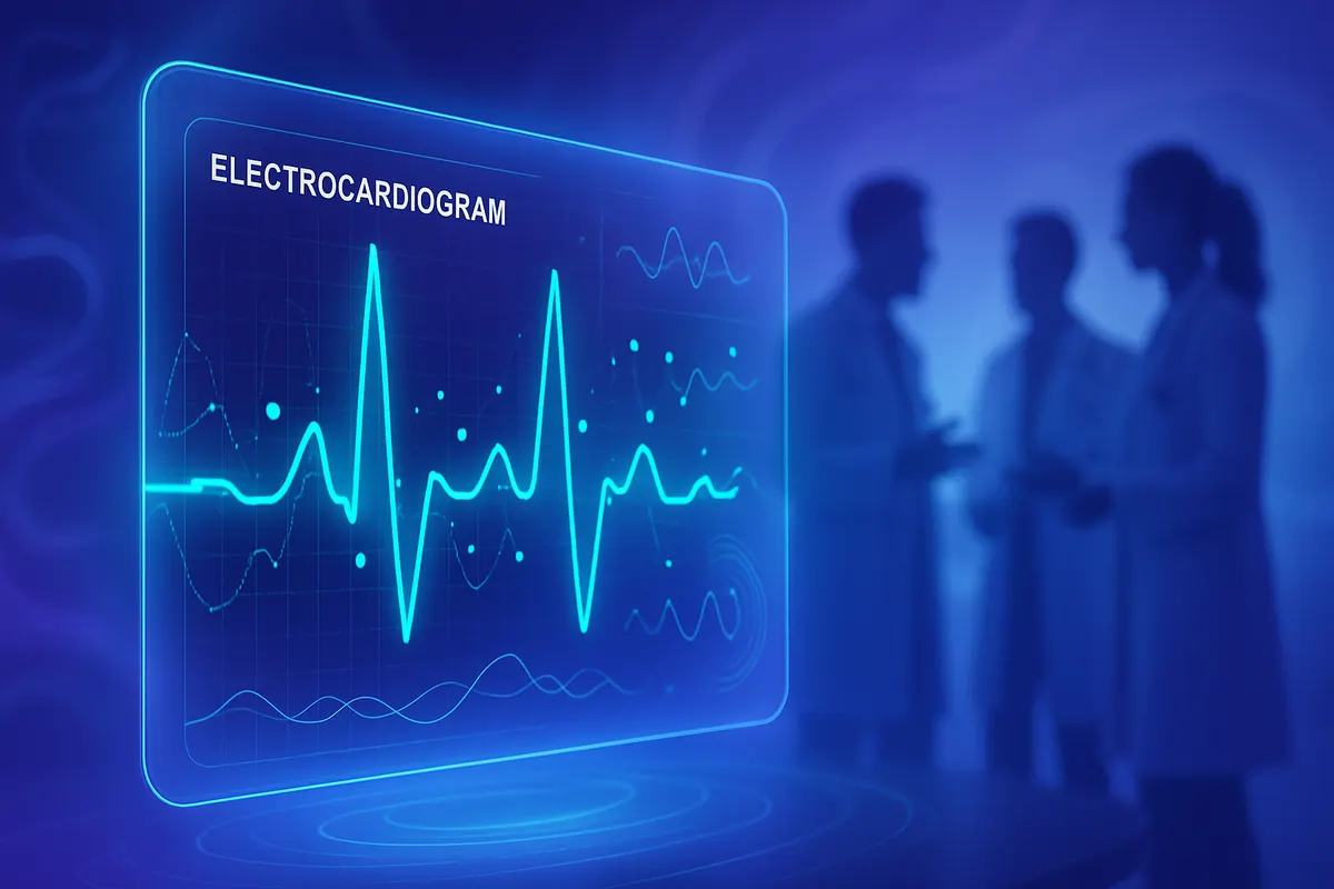 Médecin utilisant un capteur cardiaque connecté pendant une consultation, avec tracé cardiaque sur smartphone