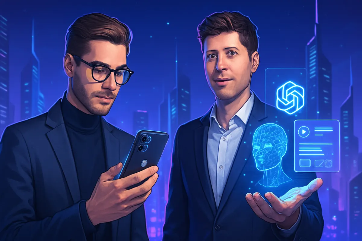 Deux concepteurs examinent un petit prototype de compagnon IA près d’un ordinateur et d’un smartphone.