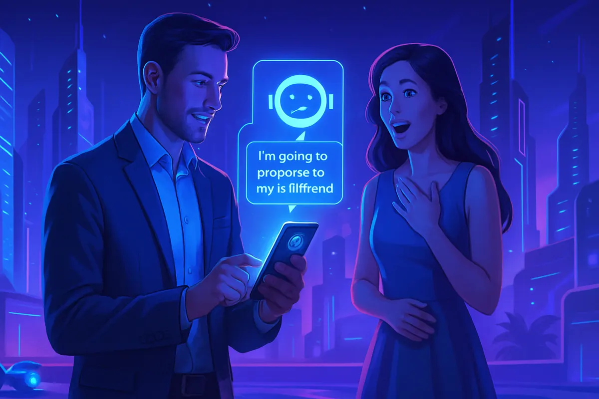 Un parent regarde un chatbot sur son téléphone tandis que sa famille se tient dans le salon.
