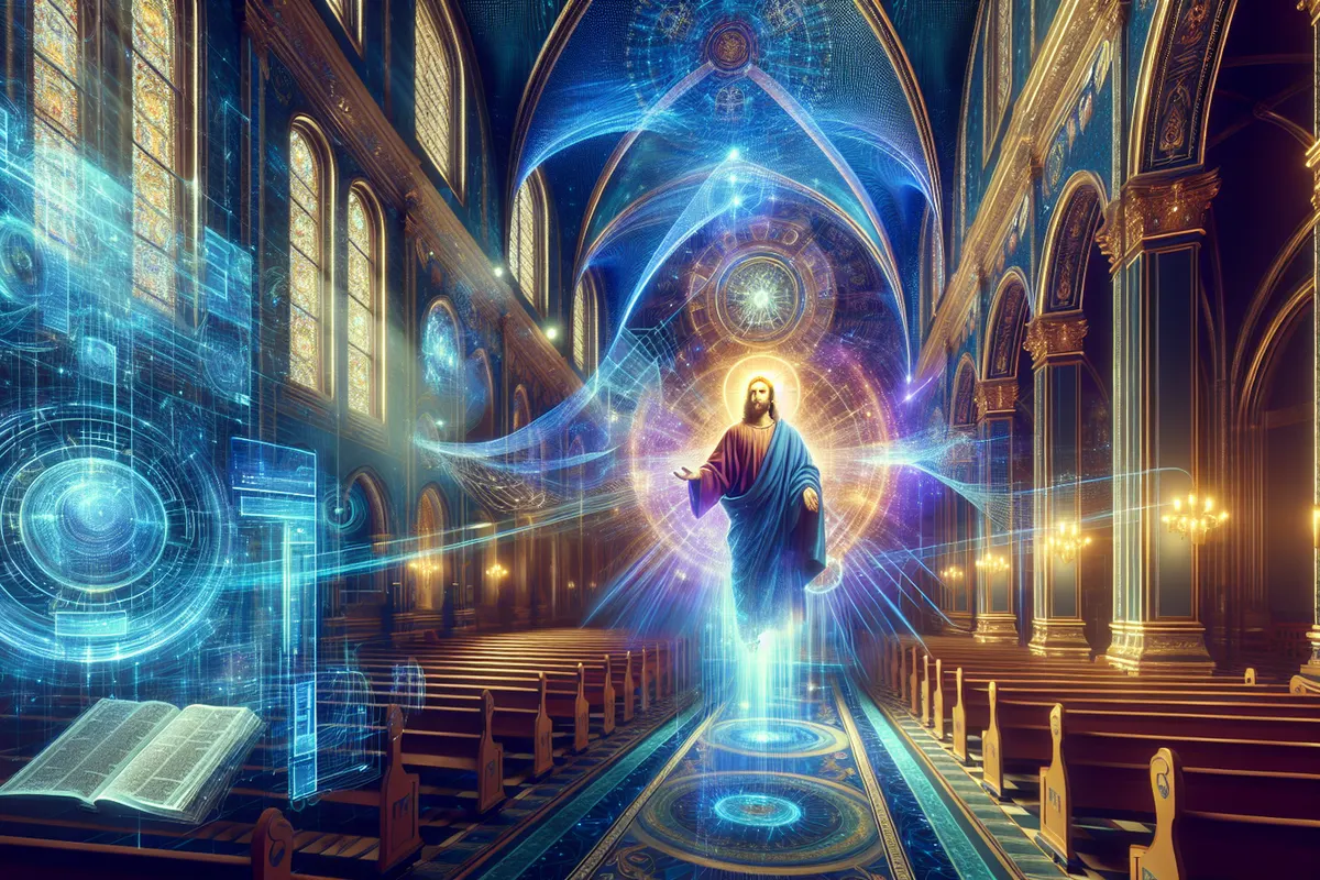 Dans une chapelle, un visiteur échange avec un avatar de Jésus affiché sur un écran de cabine de confession.