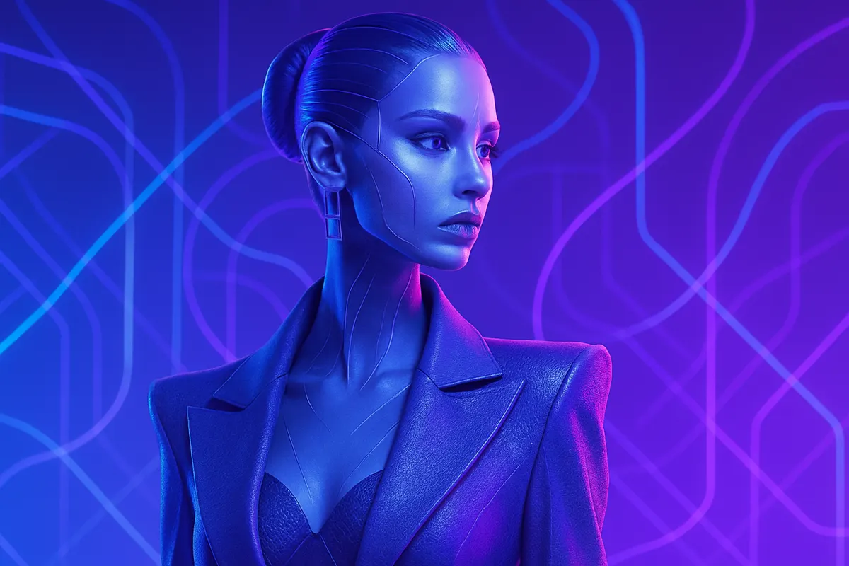 Magazine de mode ouvert sur un mannequin virtuel, observé par une équipe créative dans un studio.