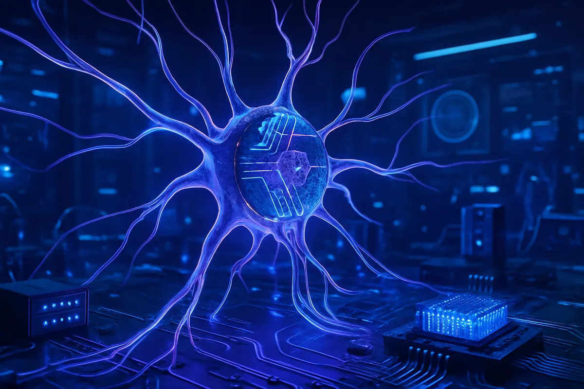 Vue conceptuelle d’une puce neuromorphique associant une mémoire DRAM et des circuits en MoS₂.