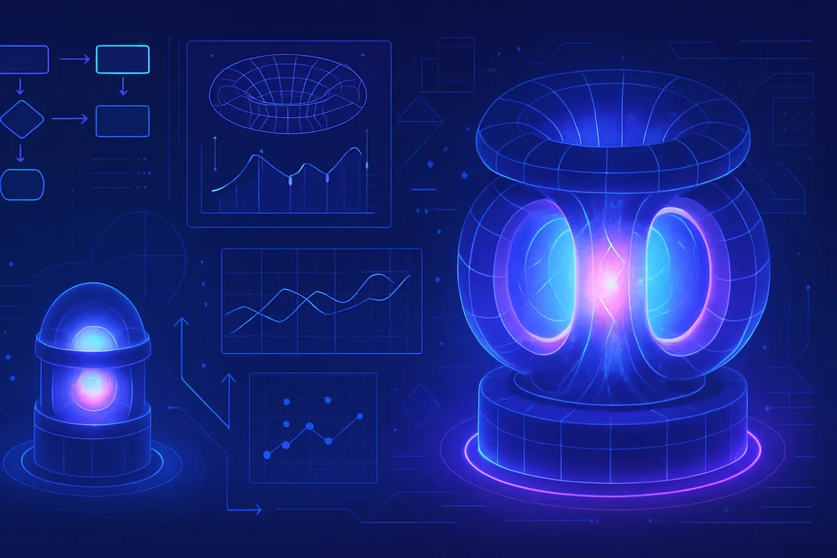 Vue d’un tokamak et de ses écrans de contrôle illustrant la prédiction du comportement du plasma par IA.