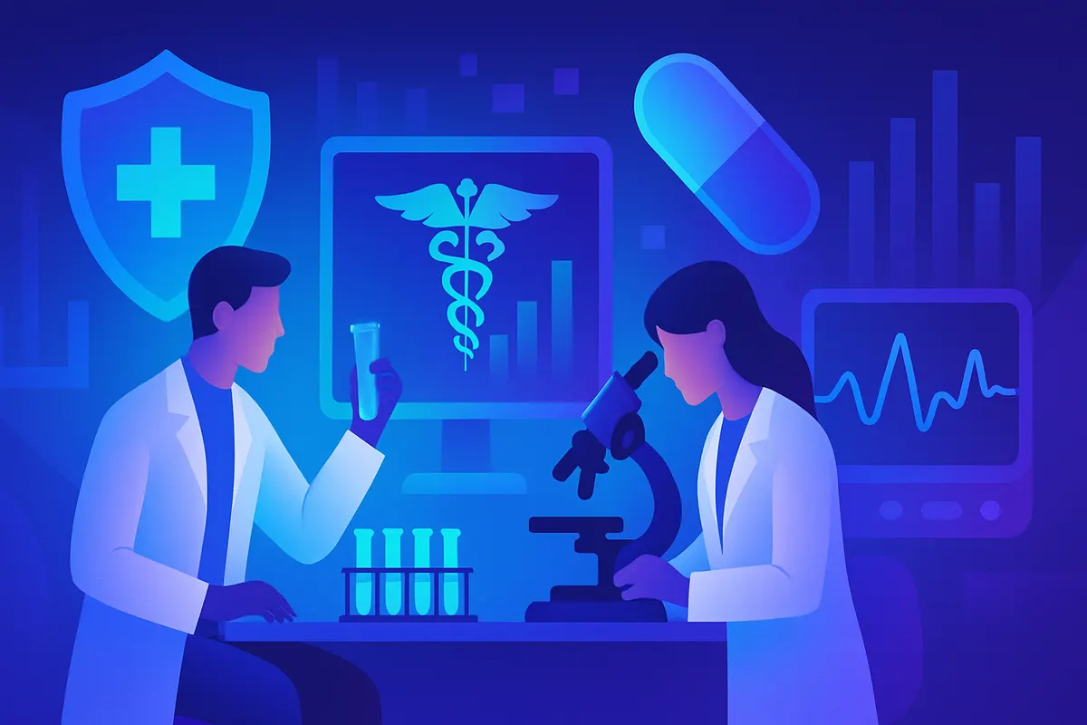 Des chercheurs et une clinicienne collaborent sur des données biomédicales dans un laboratoire universitaire.