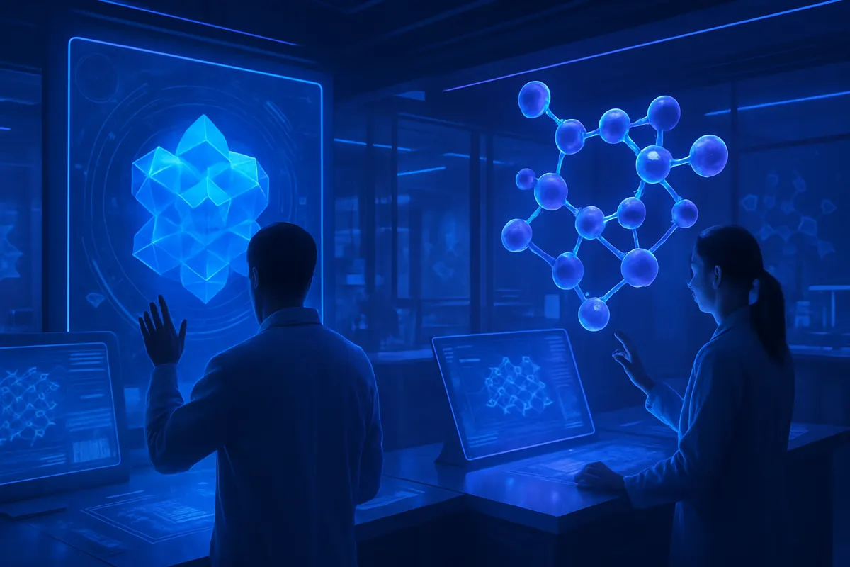 Échantillons cristallins et modèle de réseau atomique illustrant la recherche de matériaux par IA
