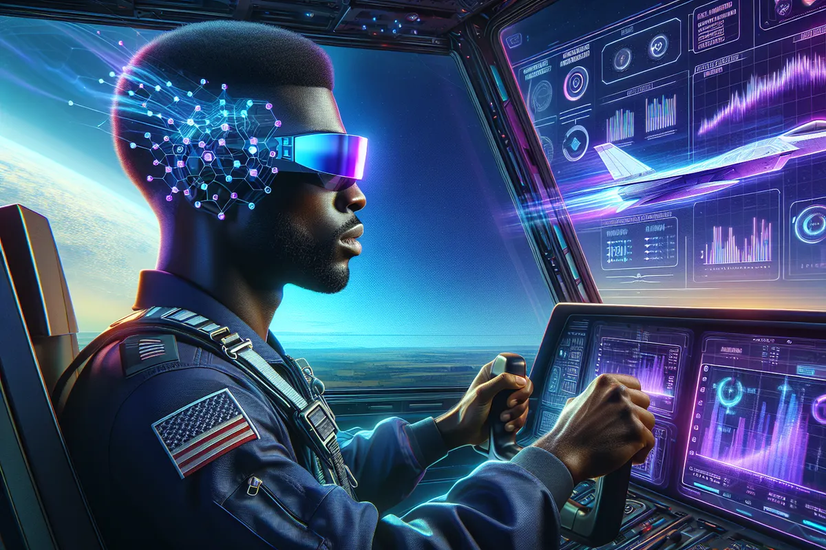 Pilote en simulateur équipé de capteurs, avec des données de charge mentale superposées au cockpit