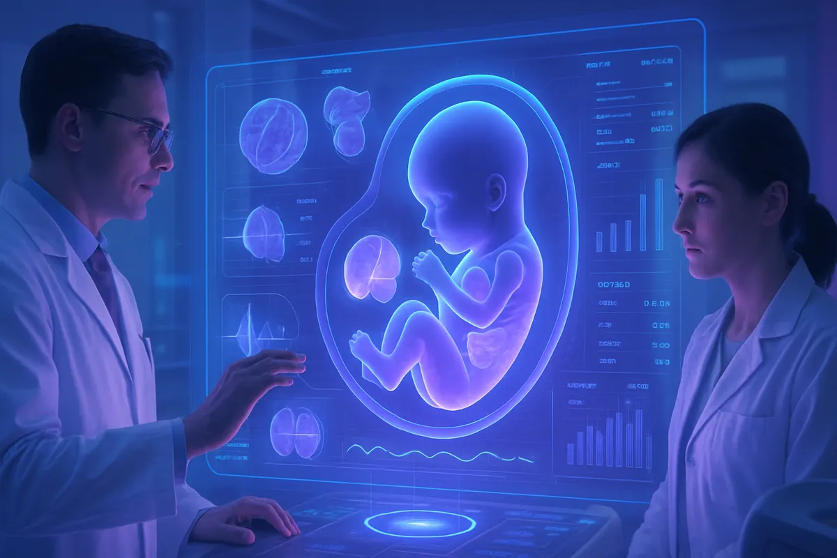 Médecins observant sur écran une reconstruction 3D du corps d’un fœtus issue d’une IRM.