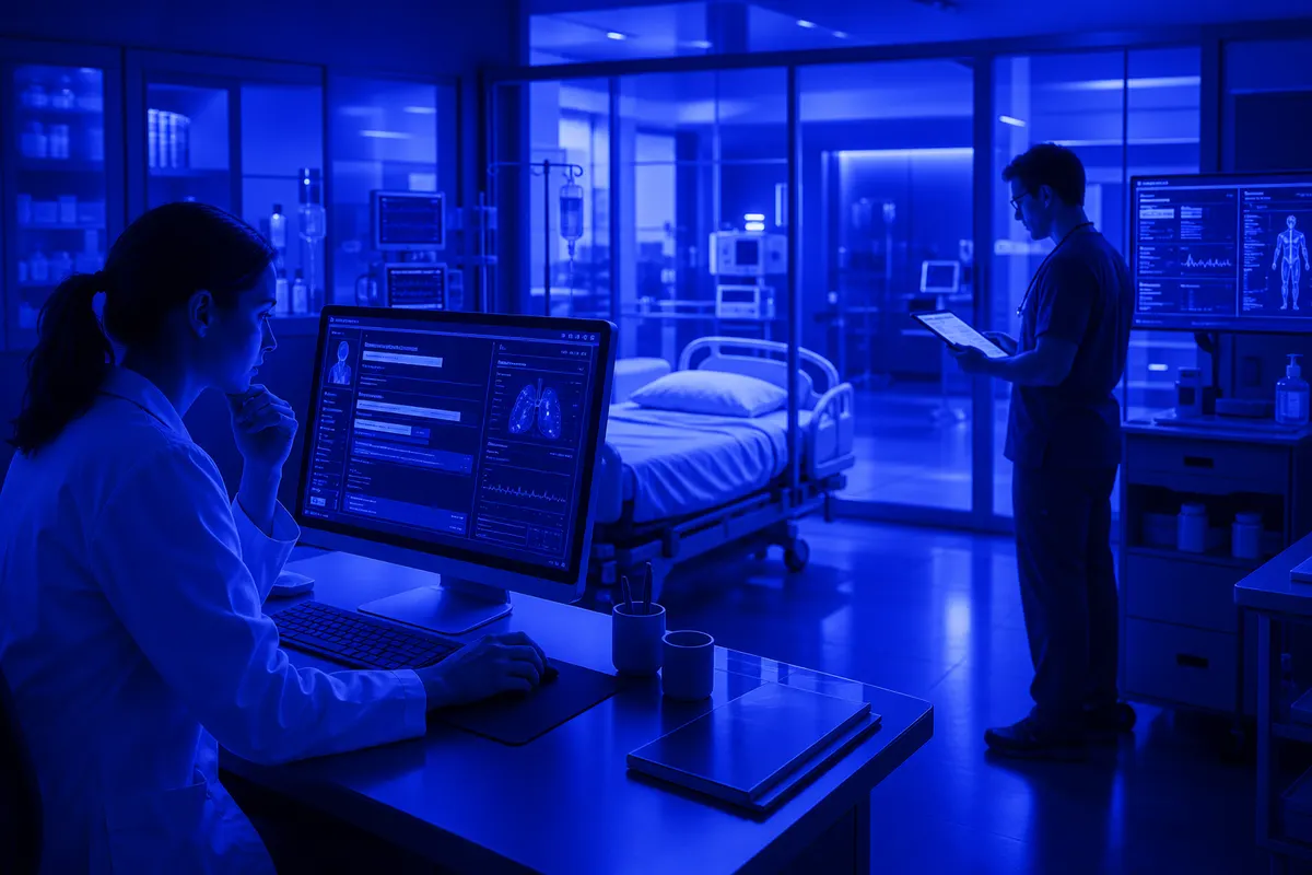 Deux soignants vérifient un résumé de sortie numérique dans un service hospitalier avant le départ d’un patient.